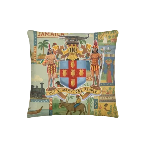 Decorative pillow with Jamaican coat of arms and symbols on a white background